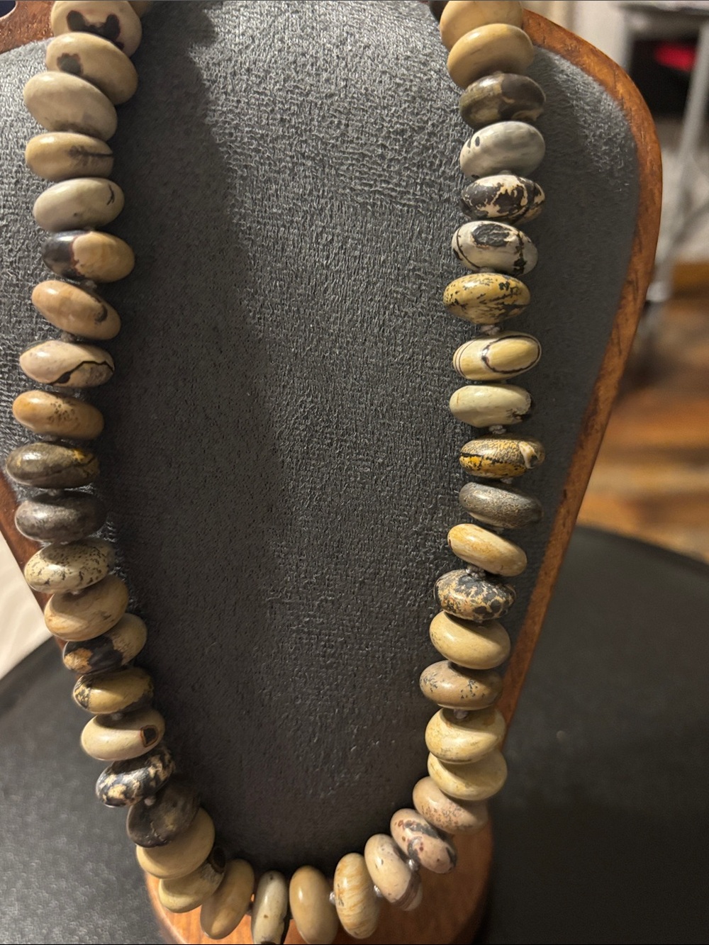 Beaded Jasper Statement Necklace in Beige and Brown Disc Shaped‎ Saucer Shape